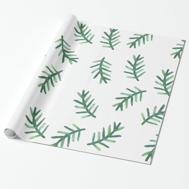 Watercolor Pine Needles Holiday Pattern Wrapping Paper (Unrolled)