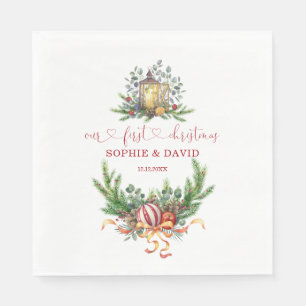 Watercolor Pine Our 1st Christmas Ball Calligraphy Napkin