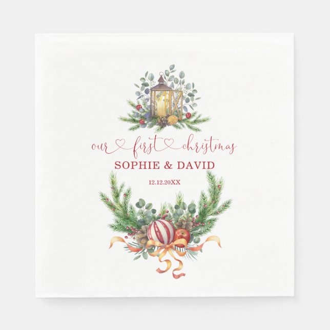 Watercolor Pine Our 1st Christmas Ball Calligraphy Napkin (Front)