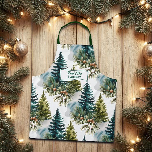 Watercolor Pine Pattern Best Chef Winter Apron (Creator Uploaded)