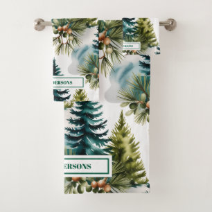 Watercolor Pine Pattern Elegant Winter Bath Towel Set