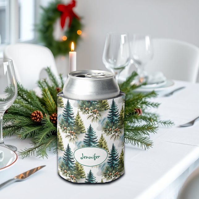 Watercolor Pine Pattern Elegant Winter Can Cooler (Creator Uploaded)