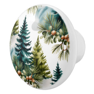 Watercolor Pine Pattern Elegant Winter Ceramic Knob