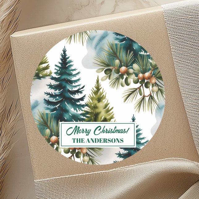 Watercolor Pine Pattern Elegant Winter  Classic Round Sticker (Creator Uploaded)