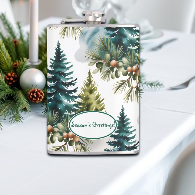 Watercolor Pine Pattern Elegant Winter Hip Flask (Creator Uploaded)