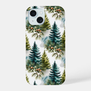 Watercolor Pine Pattern Elegant Winter iPhone 15 Case
