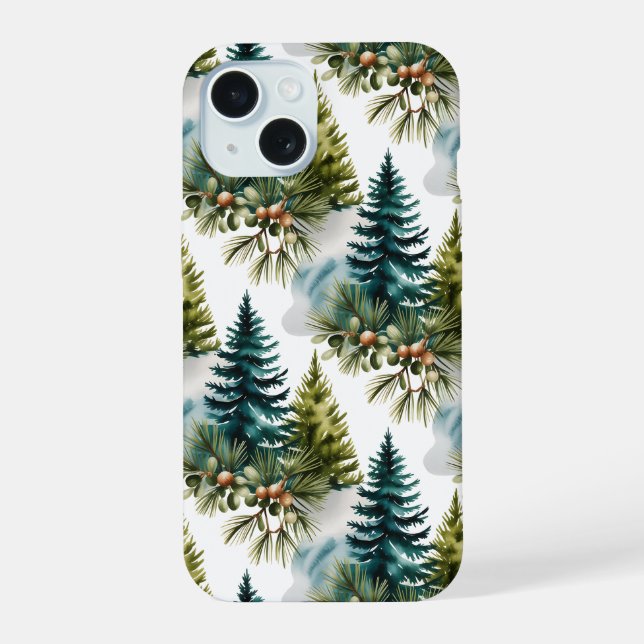 Watercolor Pine Pattern Elegant Winter  iPhone 15 Case (Back)