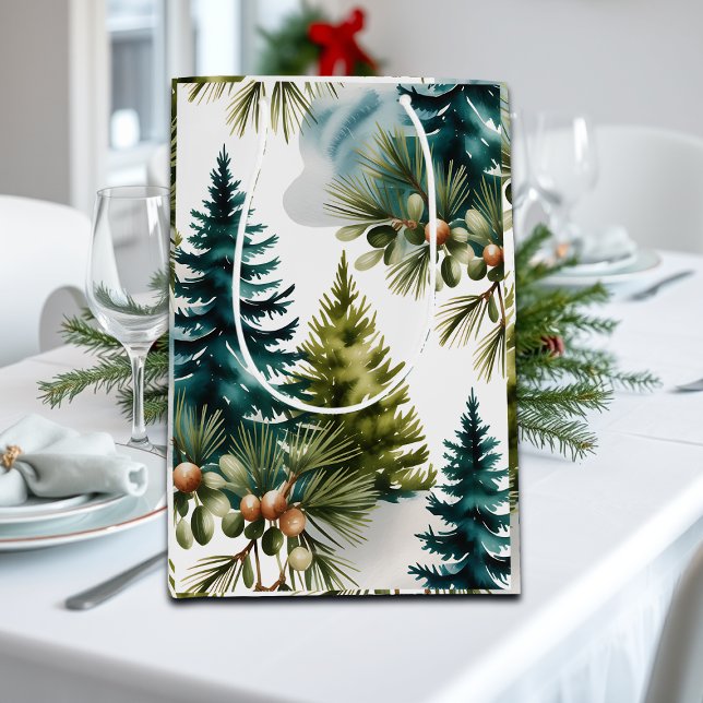 Watercolor Pine Pattern Elegant Winter  Medium Gift Bag (Creator Uploaded)