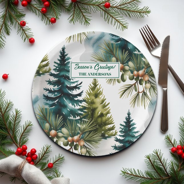 Watercolor Pine Pattern Elegant Winter  Paper Plate (Creator Uploaded)