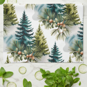 Watercolor Pine Pattern Elegant Winter Tea Towel