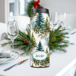 Watercolor Pine Pattern Elegant Winter Thermal Tumbler