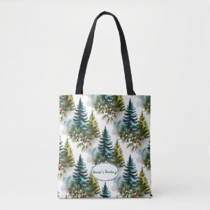 Watercolor Pine Pattern Elegant Winter Tote Bag