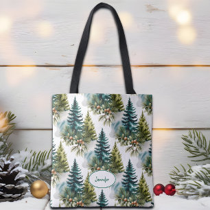 Watercolor Pine Pattern Elegant Winter Tote Bag