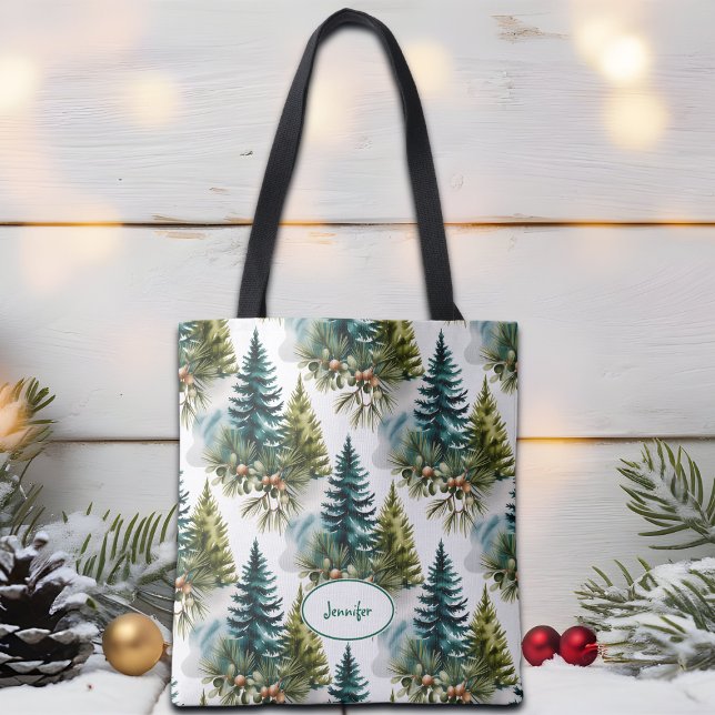 Watercolor Pine Pattern Elegant Winter Tote Bag (Creator Uploaded)