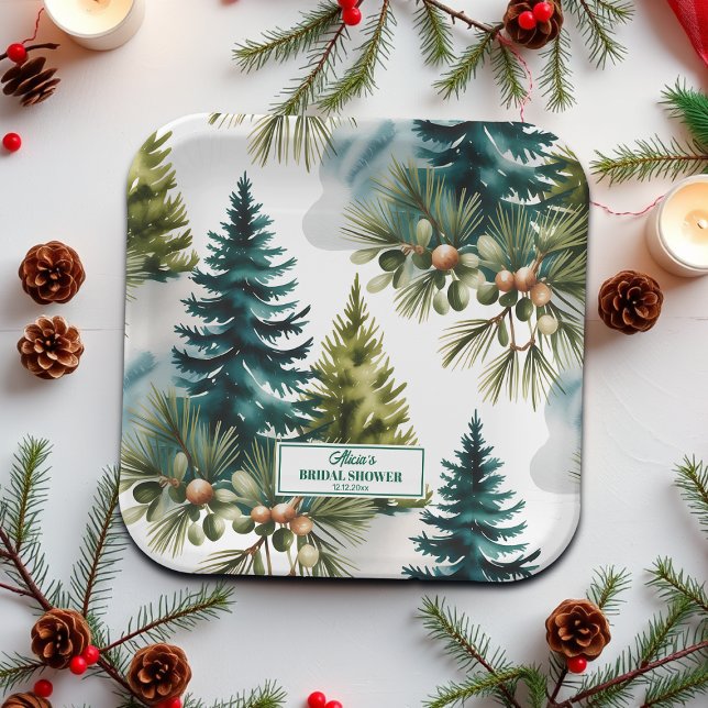 Watercolor Pine Pattern Winter Bridal Shower Paper Plate (Creator Uploaded)
