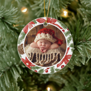 Watercolor Pine Photo Baby's First Christmas Ceramic Tree Decoration