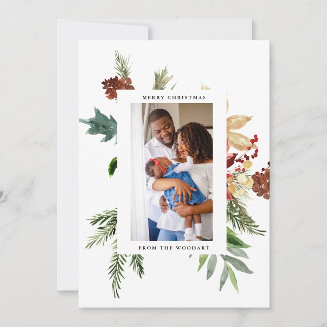 Watercolor Pine Photo Christmas Flat Card (Front)