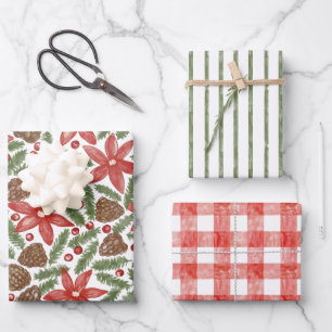 Watercolor Pine Poinsettia Stripes Gingham Wrapping Paper Sheet