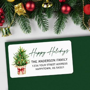 Watercolor Pine Red Bow Calligraphy Return Address Label