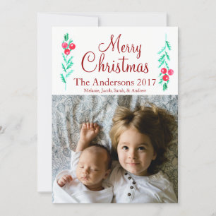 Watercolor Pine Sprig Family Photos Christmas Card