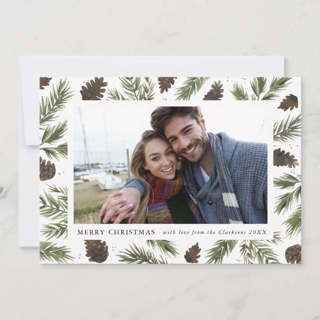 Watercolor Pine Sprigs Christmas Photo Card (Front)