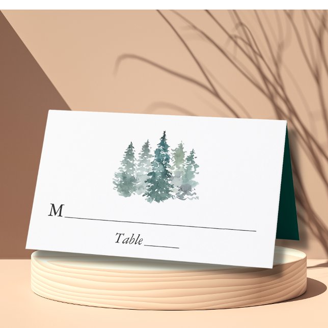 Watercolor Pine Spruce Trees Winter Snow Wedding Place Card (Creator Uploaded)