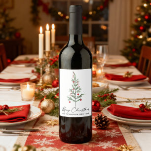 Watercolor Pine Tree Calligraphy Ink Christmas Wine Label
