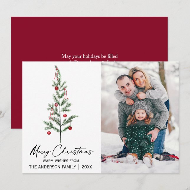Watercolor Pine Tree Calligraphy Ink Photo Red Holiday Card (Front/Back)