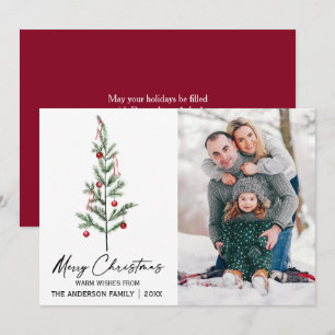 Watercolor Pine Tree Calligraphy Ink Photo Red Holiday Card