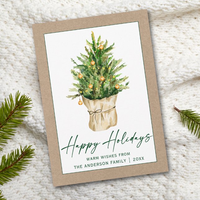 Watercolor Pine Tree Calligraphy Ink Script Kraft Holiday Card (Customize to add text to back of card.)