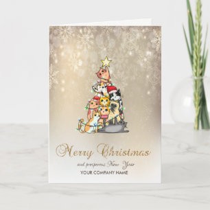 Watercolor Pine Tree Cats Snowflakes Holiday Card