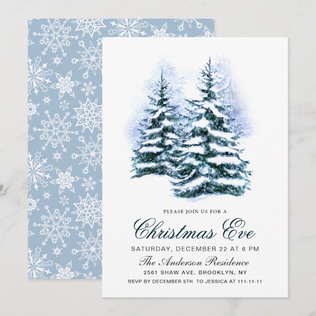 Watercolor Pine Tree Chic Christmas Eve Holiday Invitation (Front/Back)