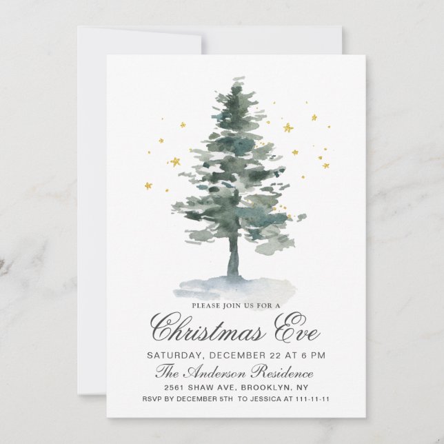Watercolor Pine Tree Chic Christmas Eve Holiday Invitation (Front)