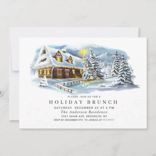 Watercolor Pine Tree Chic Christmas HOLIDAY BRUNCH Invitation (Front)