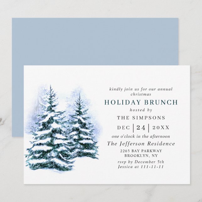 Watercolor Pine Tree Chic Christmas HOLIDAY BRUNCH Invitation (Front/Back)