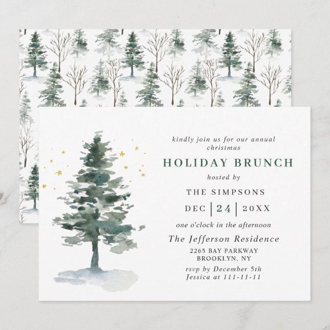 Watercolor Pine Tree Chic Christmas HOLIDAY BRUNCH Invitation (Front/Back)