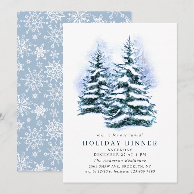 Watercolor Pine Tree Chic Christmas HOLIDAY DINNER Invitation (Front/Back)