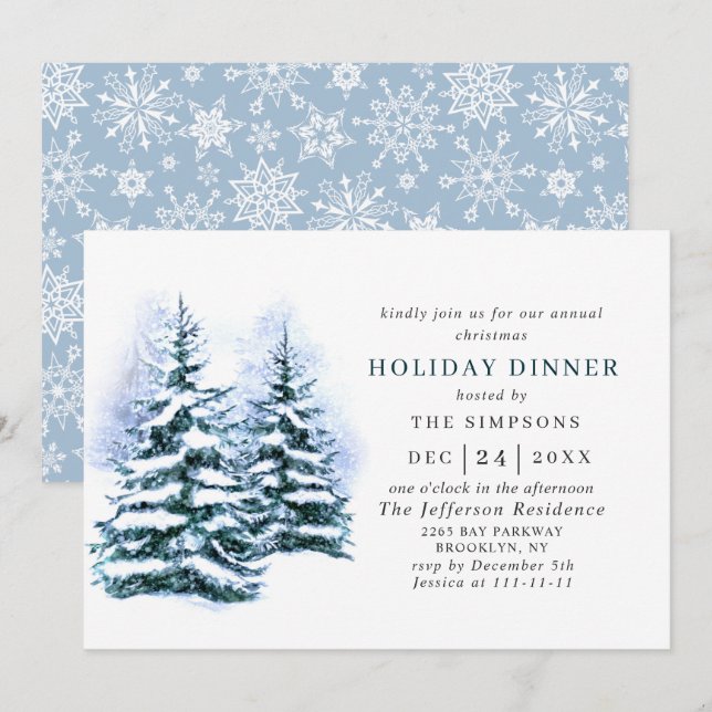 Watercolor Pine Tree Chic Christmas HOLIDAY DINNER Invitation (Front/Back)