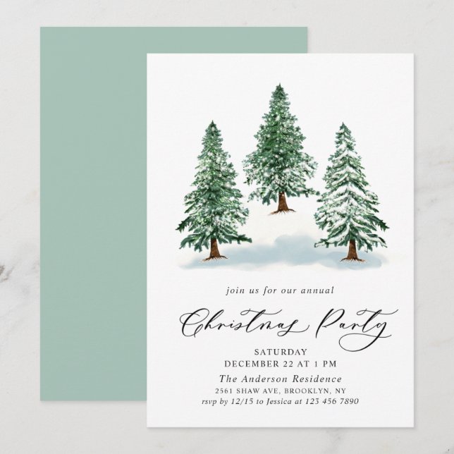 Watercolor Pine Tree Chic Christmas Holiday Party Invitation (Front/Back)
