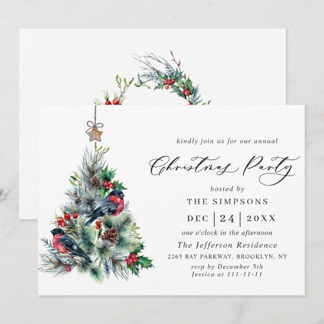 Watercolor Pine Tree Chic Christmas Holiday Party Invitation (Front/Back)