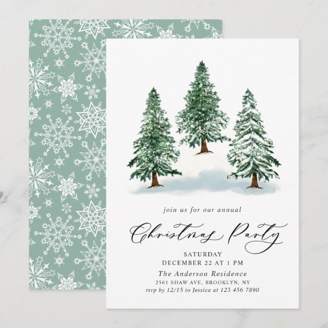 Watercolor Pine Tree Chic Christmas Holiday Party Invitation (Front/Back)