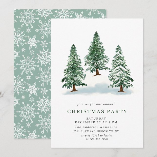 Watercolor Pine Tree Chic Christmas Holiday Party Invitation (Front/Back)