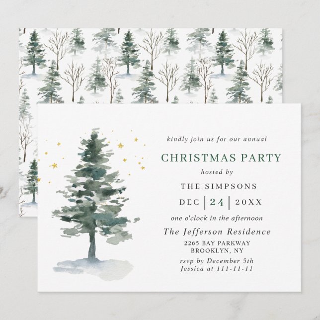 Watercolor Pine Tree Chic Christmas Holiday Party Invitation (Front/Back)