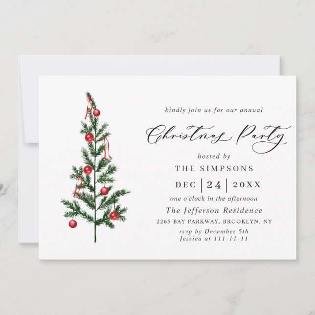 Watercolor Pine Tree Chic Christmas Holiday Party Invitation (Front)