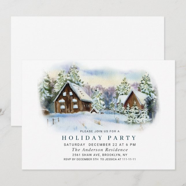 Watercolor Pine Tree Chic Christmas Holiday Party Invitation (Front/Back)