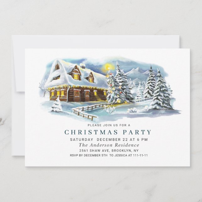 Watercolor Pine Tree Chic Christmas Holiday Party Invitation (Front)