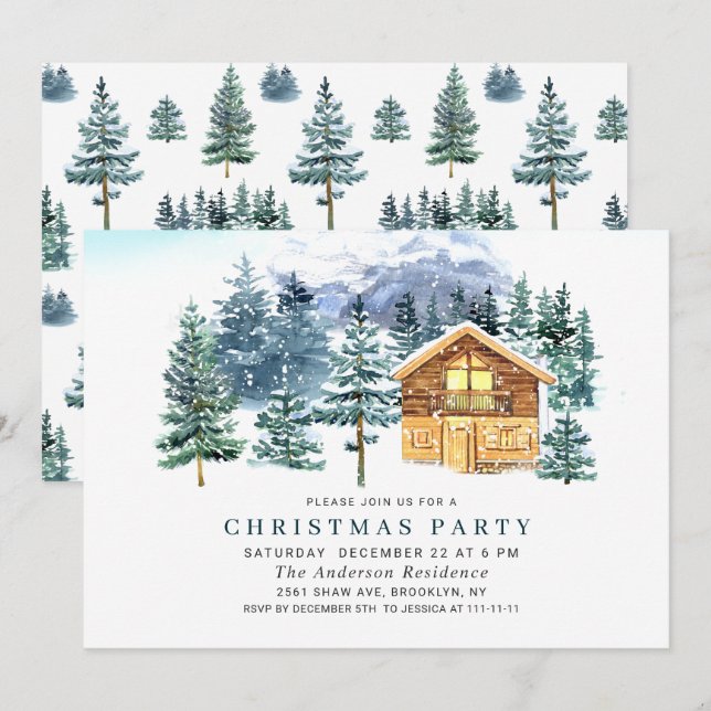 Watercolor Pine Tree Chic Christmas Holiday Party Invitation (Front/Back)
