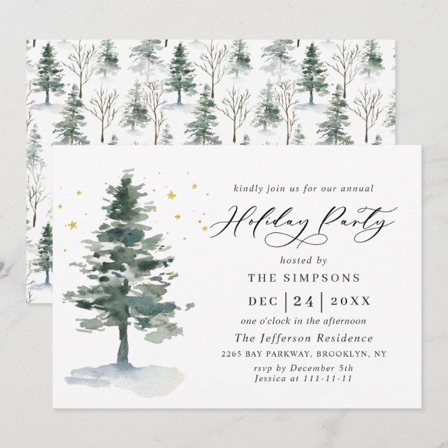 Watercolor Pine Tree Chic Christmas Holiday Party Invitation (Front/Back)