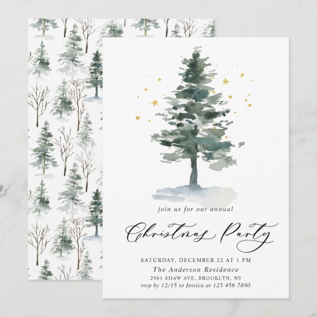 Watercolor Pine Tree Chic Christmas Holiday Party Invitation (Front/Back)