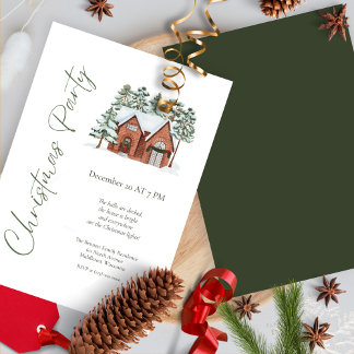 Watercolor Pine Tree Christmas Dinner Invitation